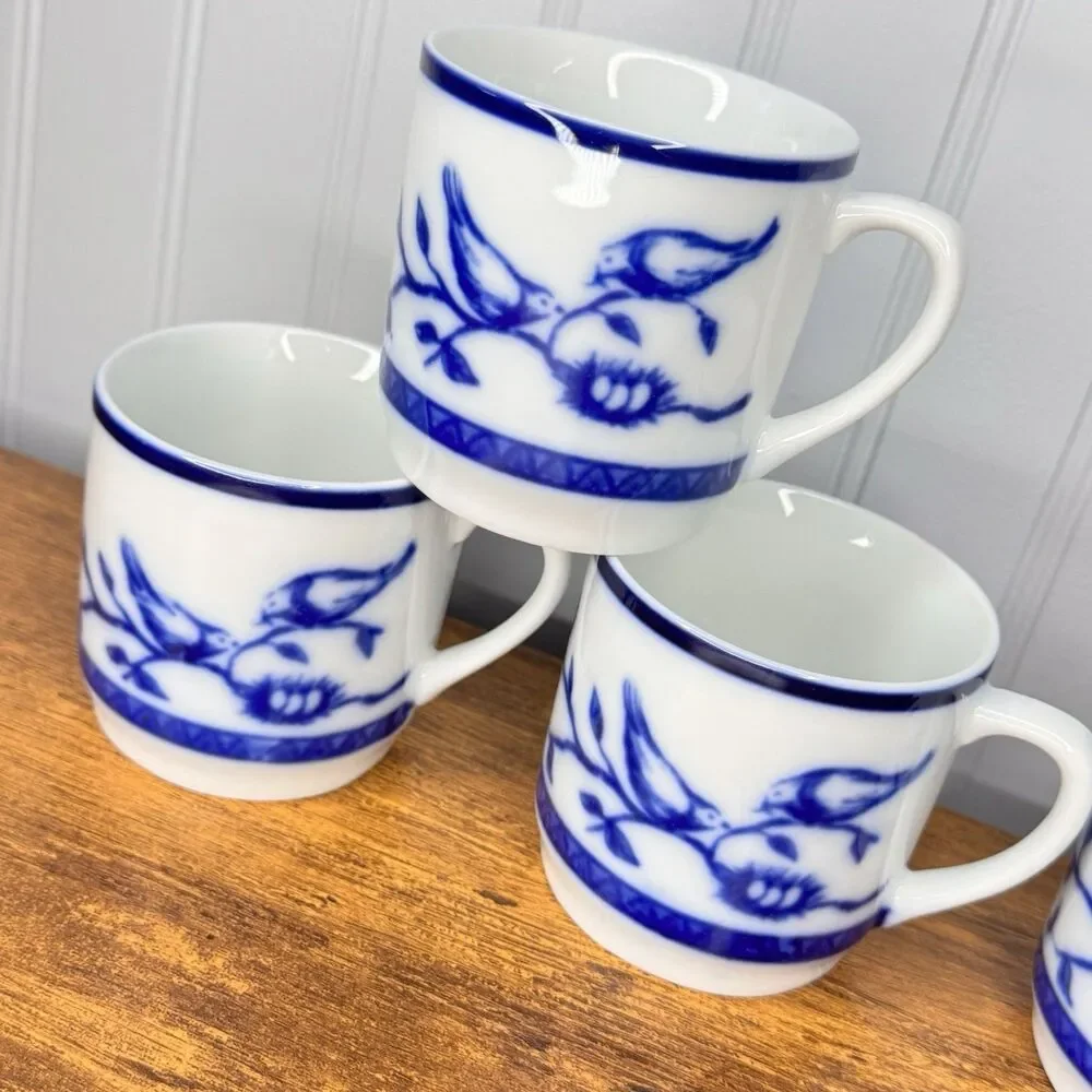 4 Williams Sonoma  Blue White Tea Coffee Cup Mugs Bird Birds on The Branch